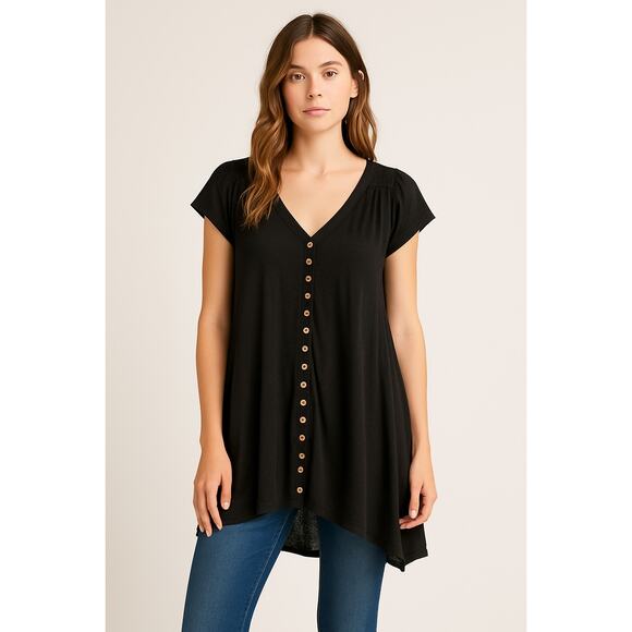 Free People Button Front Swing Tunic Black Cap Sleeve Boho Top Women’s XS - Picture 1 of 5